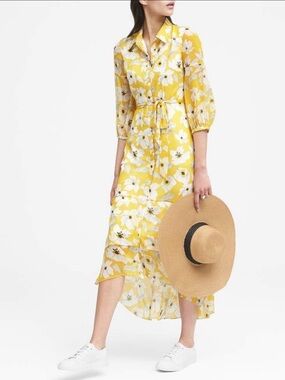 Banana Republic Yellow and White Floral High-Low Shirt Dress